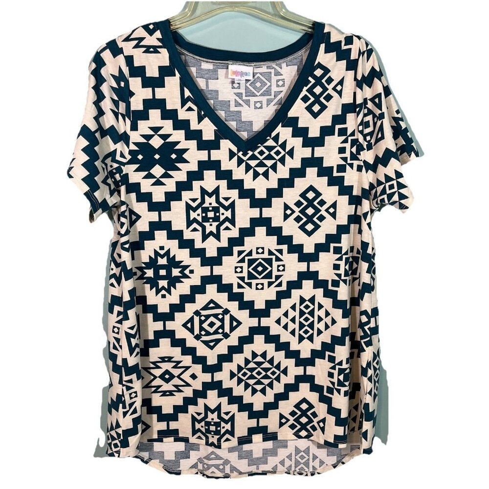 Lularoe Christy V-neck T-shirt Dark Green Navajo Print Aztec High Low Sz XL